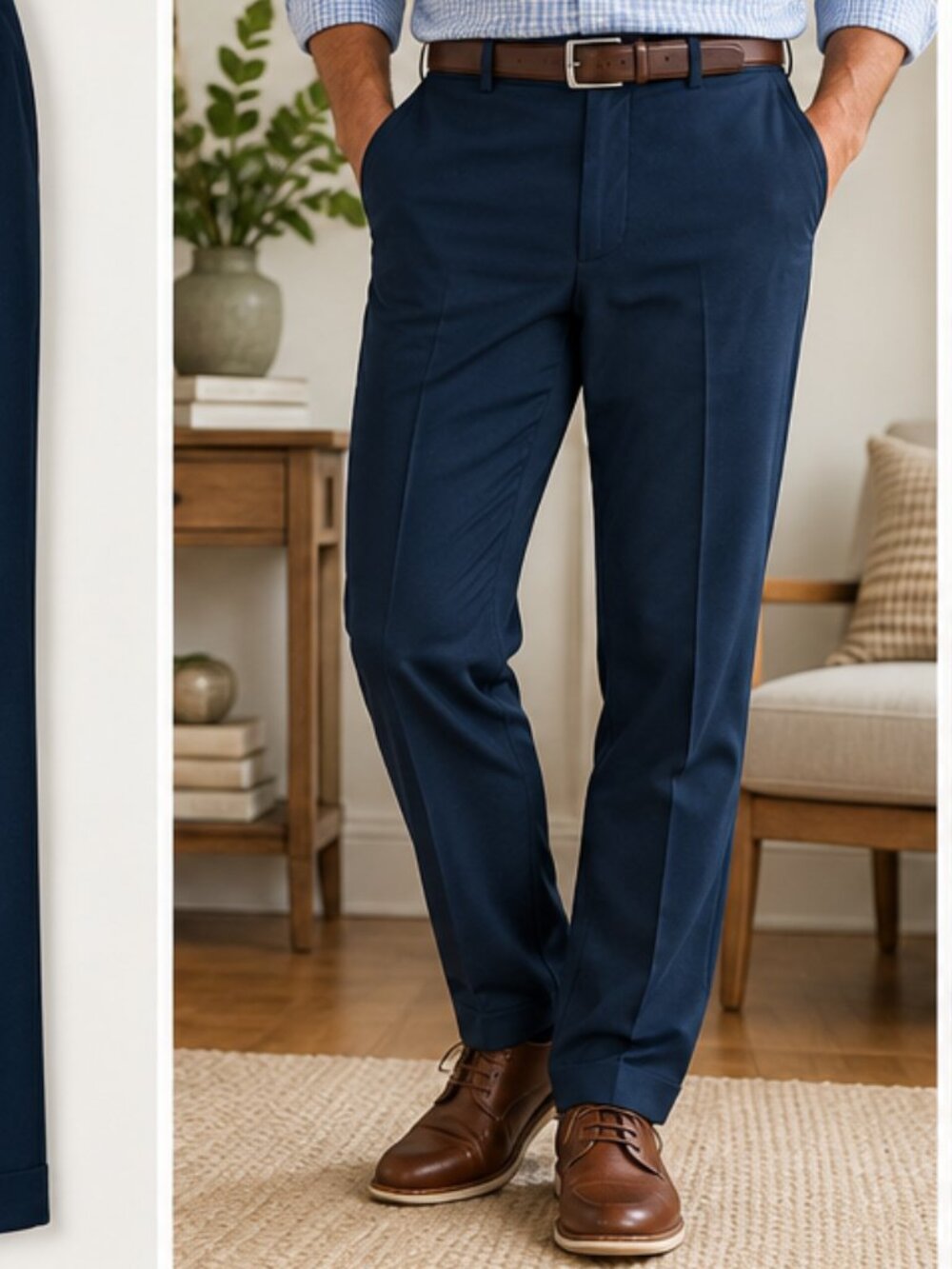 Savane Dress Pants Flat Front Mens Size 34x26.5 Blue Polyester Blend CAREER